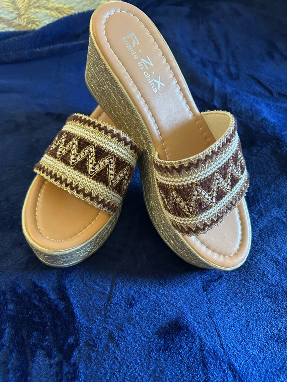 Brown & Gold Embellished Slide Wedge Sandals